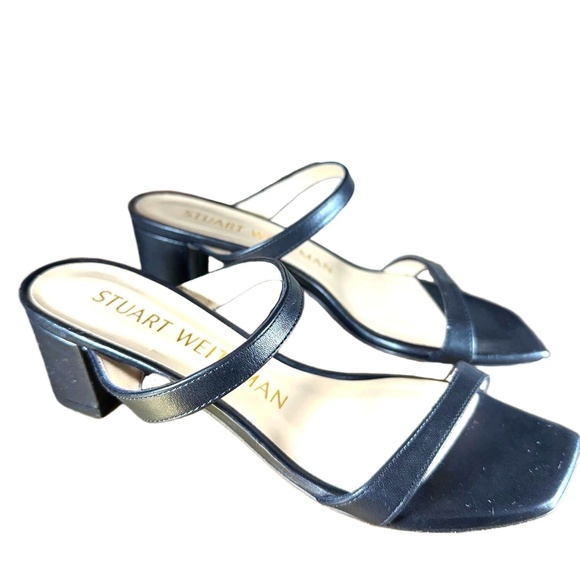 Stuart Weitzman Block Heel Sandal 7.5 Aleena Slide Two Strap Leather Chic Black - Picture 2 of 9